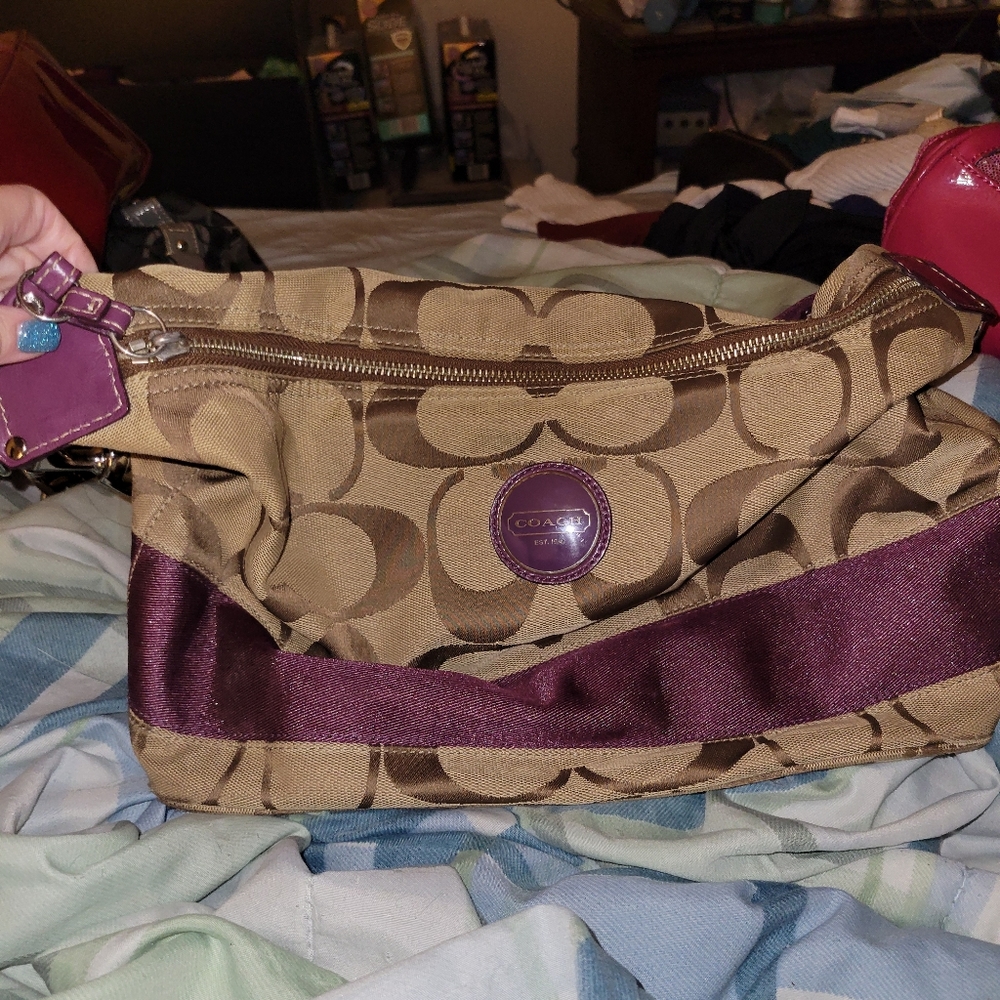 COACH GUC Tan and Purple Logo Shoulder Bag